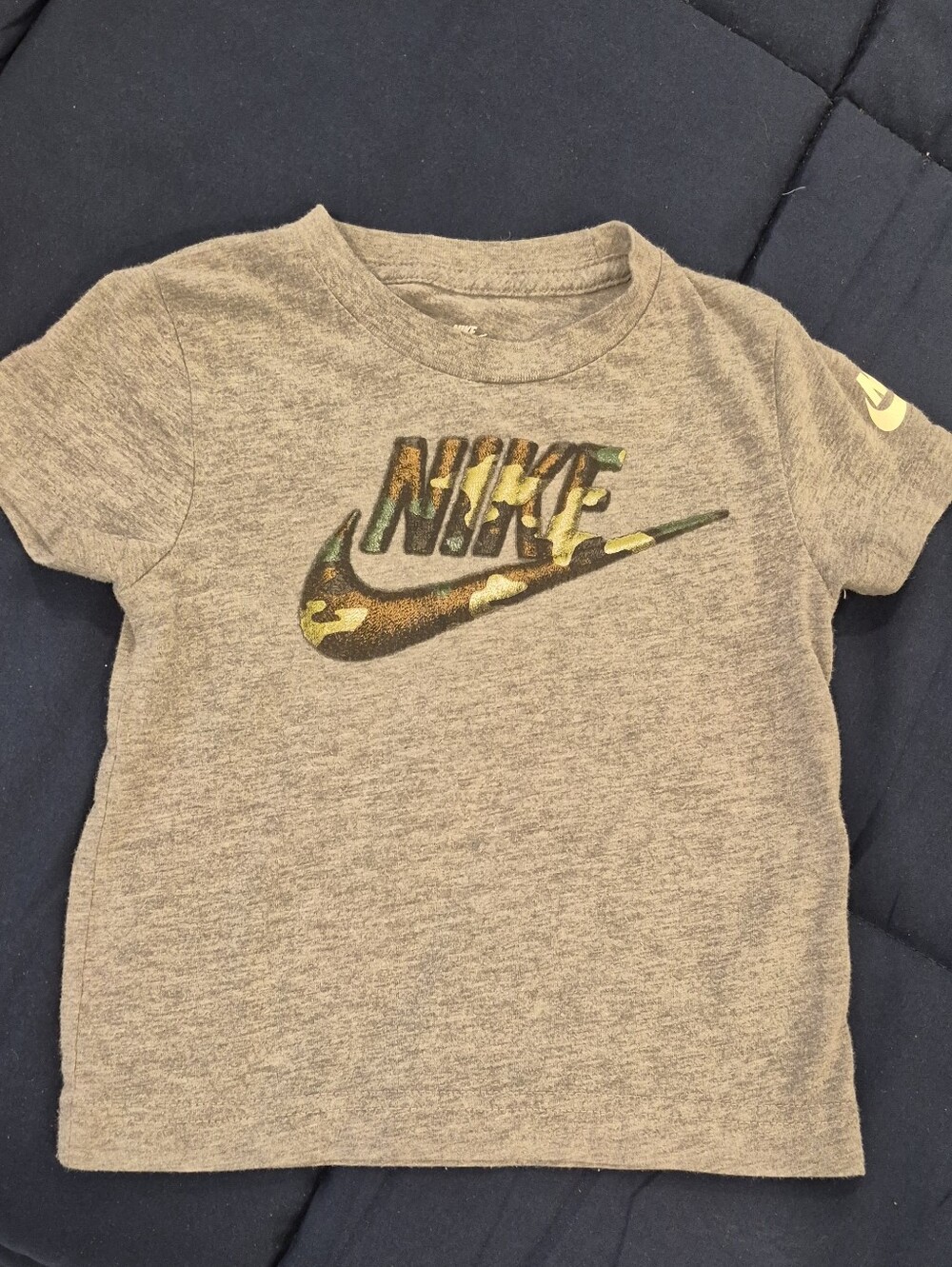 Nike Gray Kids Tee with Camo Swoosh Logo